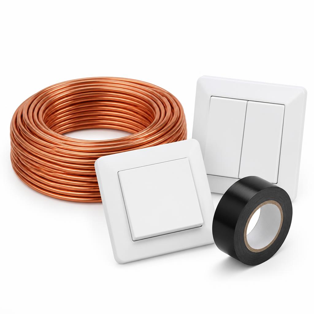 Cables, interruptores y cinta aislante